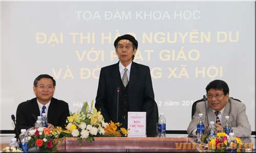 Chủ tọa: TS Bùi Hữu Dược, Vụ trưởng Vụ Phật giáo Ban Tôn giáo Chính phủ; Ông Trần Khánh Dư, Giám đốc Trung tâm Bảo tồn Di sản Văn hóa Tôn giáo; PGS.TS Đặng Văn Bài, Phó Chủ tịch Hội Di sản Văn hóa Việt Nam.